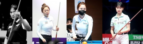 탈락한 스롱과 32강에 오른 김가영, 김진아, 이미래(왼쪽부터. 사진=PBA. 브릴리언트 빌리아드)