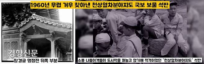 창경궁 명정전 뒤쪽 추녀 밑에 방치되어 있던 천상열차분야지도는 1960년 무렵까지 소풍 나들이객들이 도시락을 펴놓고 앉기에 안성맞춤인 돌판으로 여겨졌다. |국립중앙박물관 제공