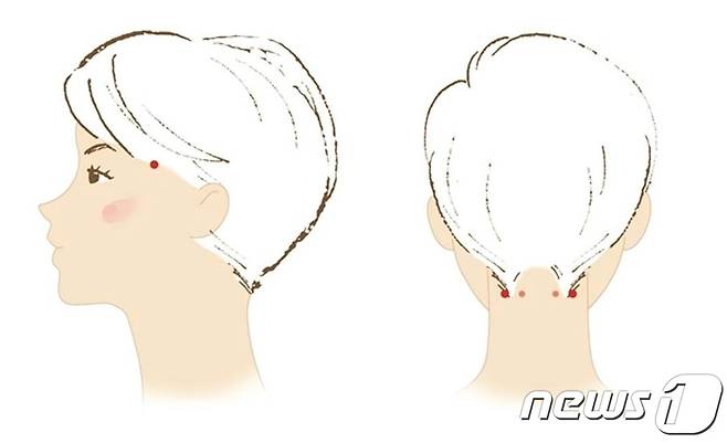 머리의 혈액순환과 피로 해소에 효과적인 '태양혈'(좌), '풍지혈'(우)(자생한방병원 제공.)