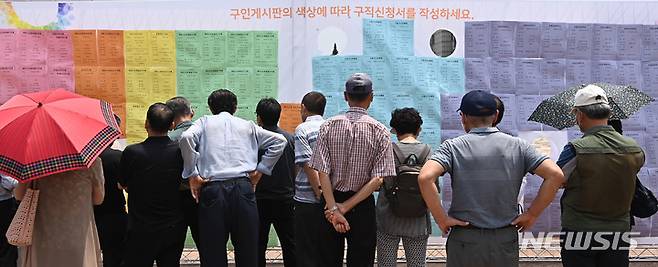 [수원=뉴시스] 김종택기자 = 지난해 6월21일 오후 경기도 수원시 팔달구 화성행궁광장에서 열린 '노인일자리 채용한마당'을 찾은 어르신들이 취업정보 게시판을 살펴보고 있다. 2022.06.21. jtk@newsis.com