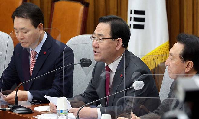 3일 국회에서 열린 국민의힘 원내대책회의에서 주호영 원내대표가 발언을 하고 있다. 서상배 선임기자