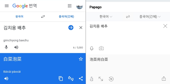 구글(왼쪽)과 네이버 파파고 번역기에서 '김치용 배추' 입력 결과 [사진=서경덕 교수 페이스북]