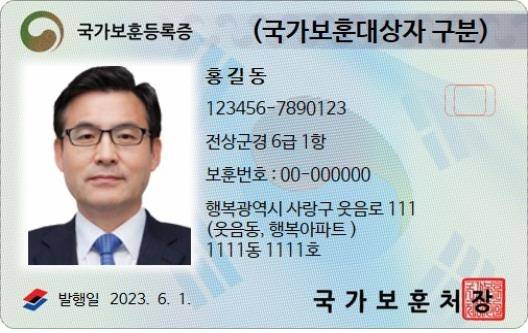 신규 국가보훈등록증 예시 [국가보훈처 제공. 재판매 및 DB 금지]