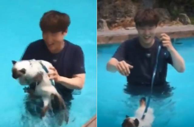 동거 여성을 살해하기 직전인 지난해 8월 이기영이 한 펜션에 놀러가 수영장에 고양이를 빠뜨리며 노는 모습. /사진=JTBC 방송화면 갈무리