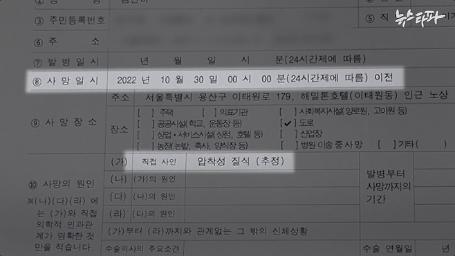10.29 이태원 참사 희생자 고 김산하 씨의 시체검안서&nbsp;