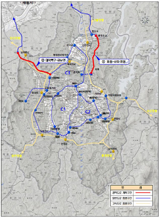 제4차 대도시권 광역교통시행계획에 포함된 대덕특구-금남면, 와동-신탄진동 도로개설 노선도. 사진=대전시 제공