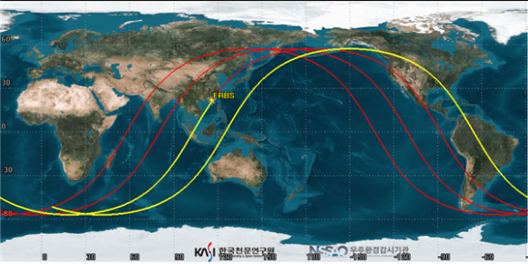 미국 지구관측위성 ERBS(Earth Radiation Budget Satellite)의 추락 예상 범위(2023년 1월 9일 12시 47분 (KST) ± 4시간). 노란색: 예측 시간 전 4시간, 붉은색: 예측 시간 후 4시간. [사진=과기정통부]