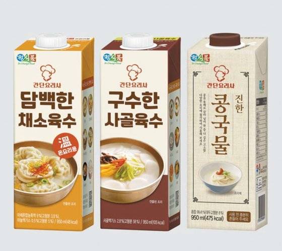 ‘담백한 채소육수’ ‘구수한 사골육수’ ‘진한 콩국물’(왼쪽부터) 등 간단요리사 제품을 활용하면 요리를 간편하고 맛있게 만들 수 있다. 작은 사진은 정식품 설 선물세트. [사진 정식품]