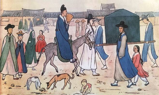 콘스탄스 테일러가 그린 ‘서울 풍경’. 사모, 갓, 초립, 패랭이, 방갓, 장옷, 쓰개치마 등 일곱 모자를 볼 수 있다
