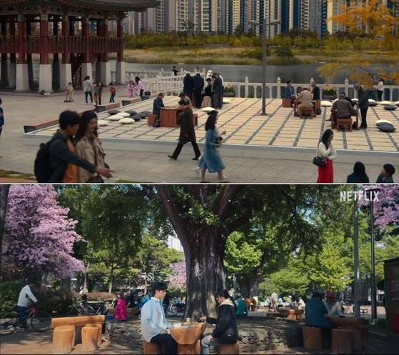'더 글로리'에 일명 '바둑공원'으로 등장한 인천 청라호수공원(위 사진). 주인공 동은(송혜교)이 바둑을 배우는 장면은 청주중앙공원에서 촬영했다. 사진 넷플릭스