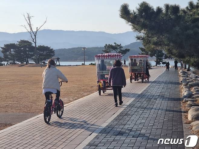 강원 강릉지역 낮 최고기온이 18.4도까지 오르는 등 초봄 같은 날씨를 보인 12일 경포호수공원을 찾은 나들이객이 가벼운 차림으로 산책하고 있다. 2023.1.12/뉴스1 윤왕근 기자