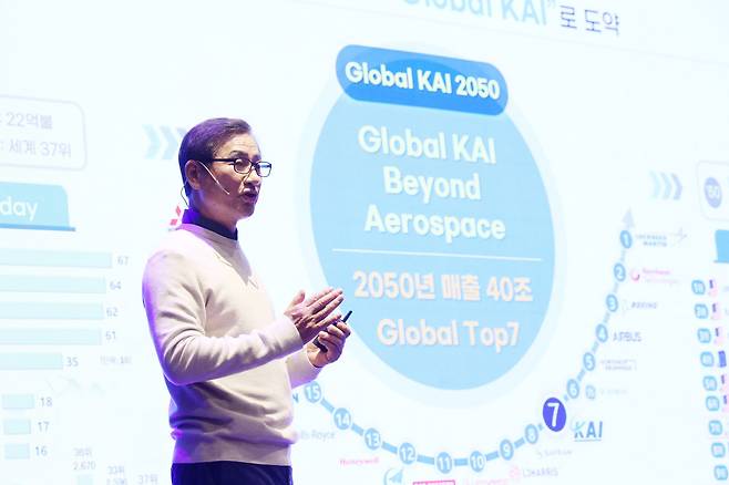 '글로벌 KAI 2050' 비전 선포식에서 발표하고 있는 강구영 한국항공우주산업(KAI) 사장./KAI 제공