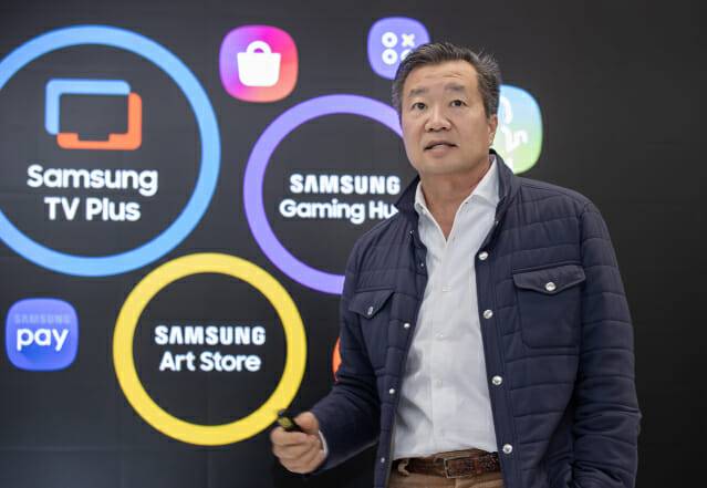 김상윤 삼성전자 영상디스플레이(VD)사업부 북미 서비스 비즈니스 담당 부사장이 지난 7일(현지시간) 미국에서 진행된 간담회에서  삼성 TV 사업 전략을 소개하고 있다.(사진=삼성전자)