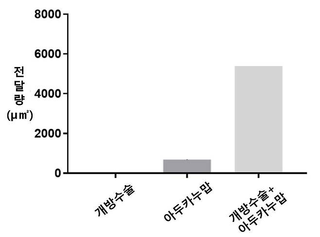 국내 연구진의 동물 실험 결과. 초음파로 뇌혈관장벽 개방수술을 했을 때 아두카누맙의 전달량이 약 8배 많아졌다. /세브란스병원