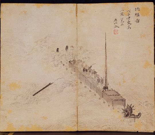 풍랑을 만나 포류하는 배(범사도), 1856년 철종 7년 김계운이 대마도에 사행을 다녀오는 길에 풍랑을 만나 표류하는 모습이다.  도화서 화원인 유숙(劉淑·1827~1873)이 1858년 철총 9년에 그렸다.<국립중앙박물관 e뮤지엄>