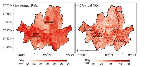 고해상도 모델링을 통해 분석한 서울의 대기오염도(2019년 평균). 왼쪽 초미세먼지는 영등포구와 성북구에서 오염도가 높았고, 이산화질소는 영등포구와 노원구, 강남구, 공항이 있는 강서구가 높았다. [자료: Environmental Science and Technology, 2023]