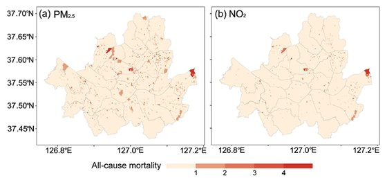 초미세먼지(왼쪽)와 이산화질소 대기오염으로 인한 서울시민 조기사망률. [자료: Environmental Science and Technology, 2023]