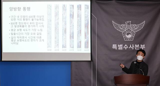 ▲ 13일 오전 서울 마포구 이태원 사고 특별수사본부에서 열린 수사 결과 발표 브리핑에서 박준영 금오공과대학교 교수가 인구밀집도 변화에 따른 압사 사고 위험성 등에 대해 설명하고 있다. 연합뉴스