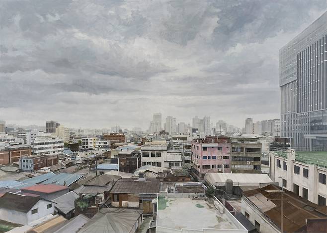 비온 뒤 을지로 Euljiro after rain, 2022, 캔버스에 오일, 182 x 227 cm (초이앤초이 제공)