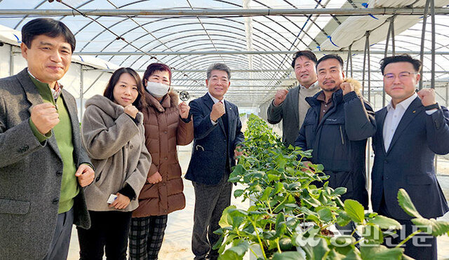 12일 충남 천안시 동남구 성남면에 있는 염수정씨(왼쪽 두번째) 농장에서 농협 제1호 스마트농업지원센터의 교육을 수료하고 스마트팜을 창업한 농가들의 합동 개소식이 열렸다. 창업농 황연숙씨(〃 세번째부터)와 조덕현 충남 동천안농협 조합장, 지우호 농협중앙회 디지털혁신실장, 창업농 도현수씨, 황기훈 충남세종농협 부본부장 등이 스마트팜 성공을 외치고 있다.