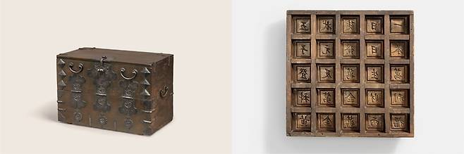 ‘반닫이(제주 알반닫이, 19세기, 나무에 무쇠장석, 53.5×28.5×36㎝, 왼쪽)와 글자가 새겨져 있는 ’약과판‘(19세기, 박달나무). 가나문화재단 제공