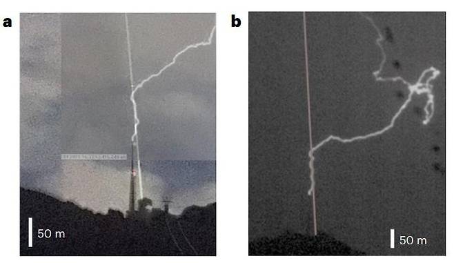 전통 피뢰침에서 레이저빔으로 연장된 레이저 피뢰침 낙뢰 실험  [Houard et al. Nature Photonics 논문 캡처]