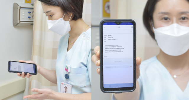 병동 간호사가 음성인식 솔루션을 사용해 간호 의무기록을 음성으로 입력하는 모습.