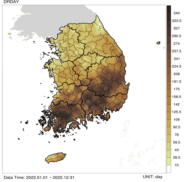 2022년 1월1일~12월31일 전국 기상가뭄일수./사진=기상청 제공