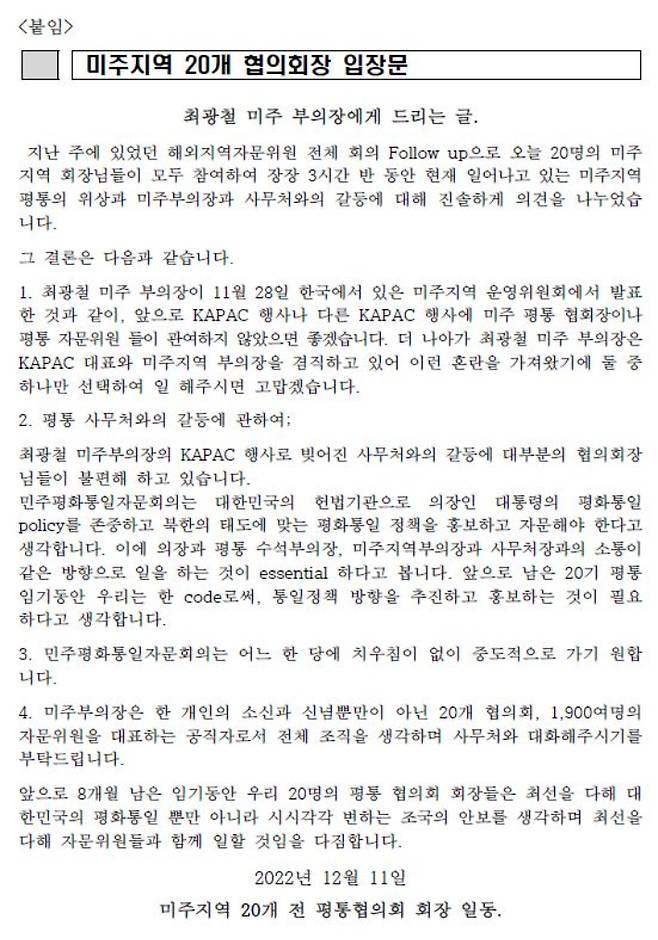 미주지역 20개 협의회장이 12월 11일 채택한 입장문. 최광철 미주부의장 직무정지 근거로 제시됐지만 입장문 어디에도 직무정지 건의 내용은 없다.