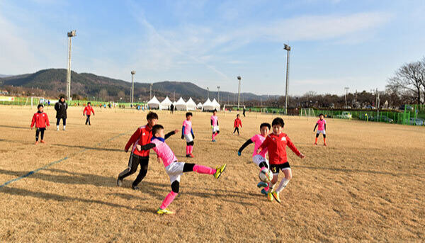 선수들이 알천구장에서 축구 동계훈련을 하고 있다. 경주시 제공