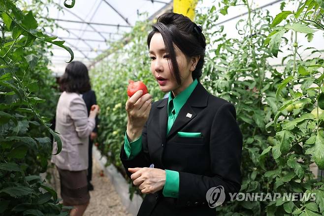 스마트팜 진출기업이 재배한 토마토 시식하는 김건희 여사 (두바이=연합뉴스) 임헌정 기자 = 윤석열 대통령과 아랍에미리트(UAE)를 국빈 방문한 김건희 여사가 17일(현지시간) 두바이 현지의 스마트팜 진출기업인 아그로테크를 방문, 재배 중인 토마토를 시식하고 있다. 2023.1.18 kane@yna.co.kr