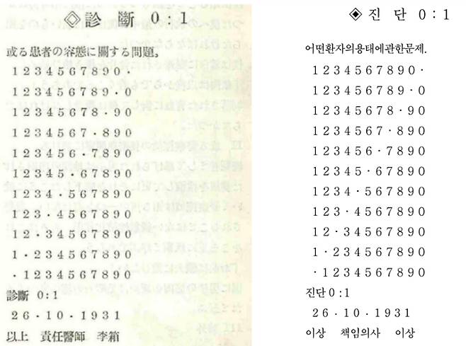 건축무한육면각체 - 진단 0 : 1의 일본어 원문(왼쪽), 동일작의 한국어 번역문. 지스트 제공