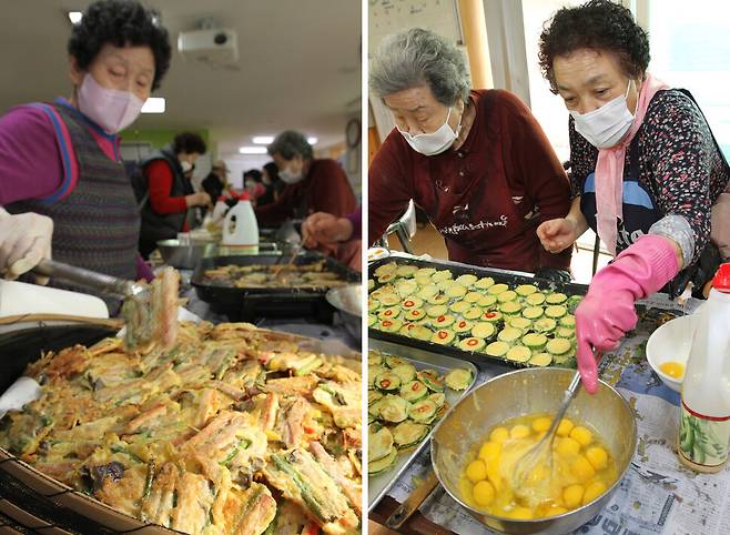 19일 오전 서울 은평구 녹번동 녹번산골마을 마을회관에서 열린 ‘친구야 함께하자’ 행사에 참여한 주민들이 삼색전을 직접 요리해(오른쪽 사진), 채반에 모으고 있다. 곽윤섭 선임기자