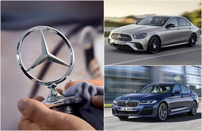 벤츠 삼각별, 벤츠 E클래스, BMW 5시리즈. 왼쪽부터 시계방향  [사진출처=벤츠, BMW]