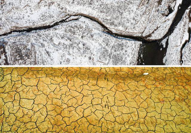 우리나라가 전역에 걸쳐 기상가뭄으로 몸살을 앓고 있다. 지난해 12월 20일 전북의 주요 저수지인 임실군 옥정호 수위가 낮아져 눈으로 덮여 있다(위). 지난해 6월 8일 강원 인제군 남면 소양강 상류지역 하천 바닥이 거북이 등껍질처럼 갈라져 있다. 임실=이한호 기자·인제=서재훈 기자