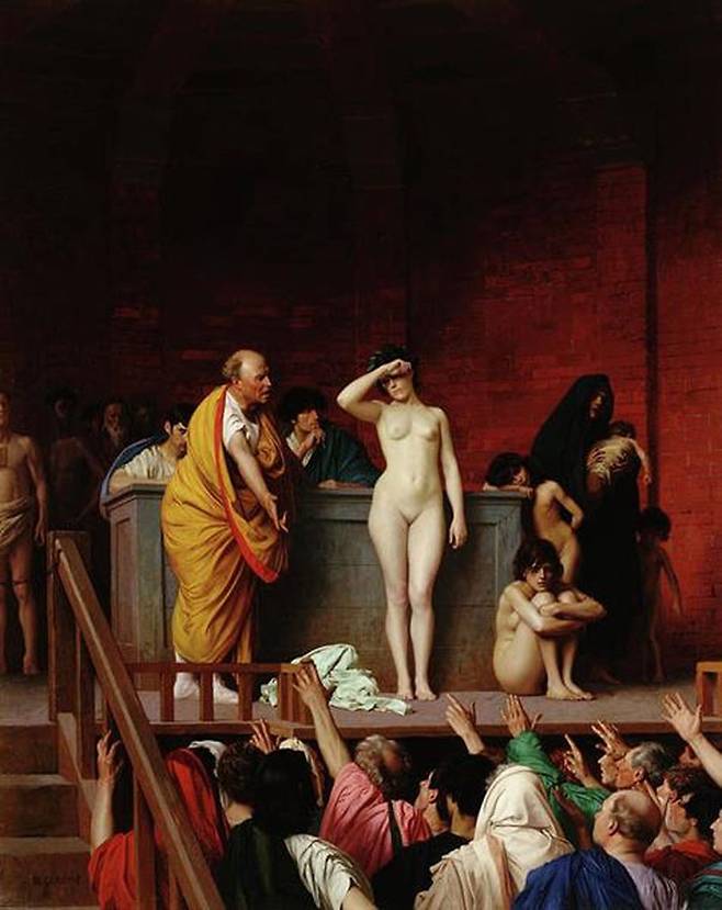 고대 로마인들은 정복지 여성들을 노예 시장에서 전시해 놓고 판매했다. 전시하다는 뜻의 라틴어 prostitute가 성매매 여성을 일컫는 말로 변용된 배경이다. 그림은 프랑스 화가 장 레온 제롬의 1884년 작품 ‘slave market in rome’.