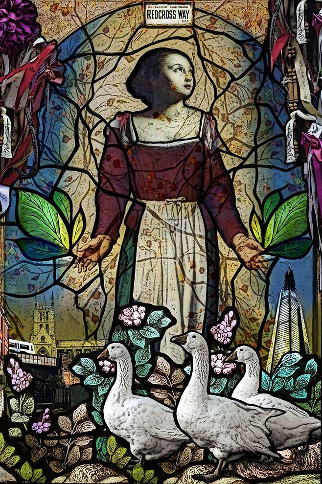 크로스 본스 묘지에 잠든 성매매 여성이 그려진 모습.  그들은 ‘윈체스터 거위’로 불렸기에, 그림에도 거위가 그려져 있다.