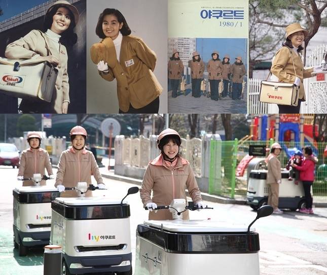 1970년~1980년대의 야쿠르트 아줌마의 모습. 2014년 부터는 전통 카트 '코코'가 도입됐다. / 사진=hy