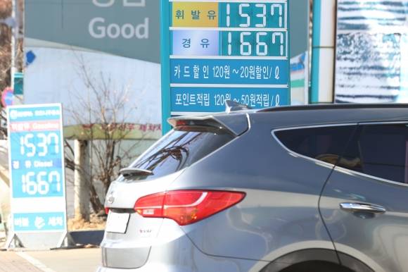 기름값 안정세 찾아가나 - 24일 서울의 한 주유소에 리터(ℓ)당 휘발유 1537원, 경유 1667원 등 유가 정보가 표시돼 있다. 오피넷에 따르면 1월 셋째 주(15~19일) 전국 주유소 휘발유 평균 판매가는 ℓ당 1560.2원으로, 전주보다 1.8원 내렸다. 경유 평균 가격은 전주보다 29원 내린 ℓ당 1662.6원으로, 9주째 하락했다. 연합뉴스