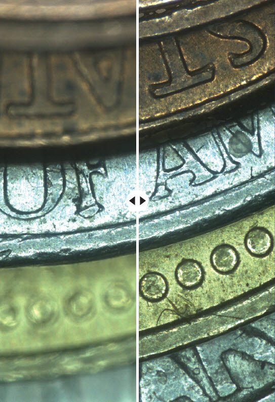 2D 현미경 이미지(왼쪽)와 와이즈토포를 적용한 3D 이미지(오른쪽). 높낮이 차이에도 선명하게 초점을 맞출 수 있다.