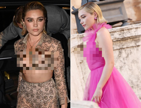 과도한 노출 논란이 일었던 플로렌스 퓨의 시스루 패션(사진 일부 모자이크 처리함). 플로렌스 퓨 인스타그램 캡처