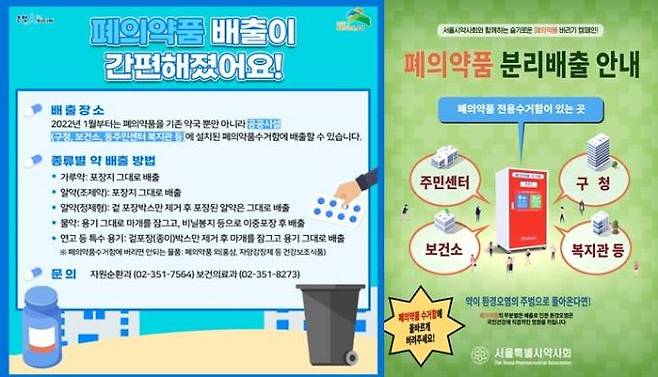 지난해 지자체(왼쪽)와 서울특별시약사회(오른쪽)에서 홍보한 폐의약품 분리배출 안내 포스터. 지자체 포스터에는 약국이 포함돼 있지만 약사회 경우 약국을 제외했다.&nbsp;