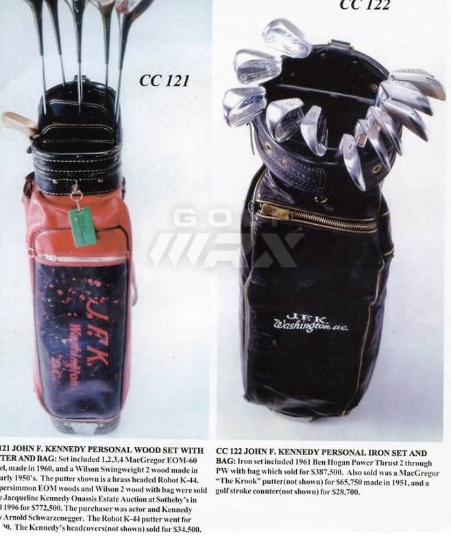 아놀드 슈월제네거가 1996년 경매를 통해 구입한 J.F.케네디의 골프 클럽과 가방 [사진=Pinterest @stephengolden31]