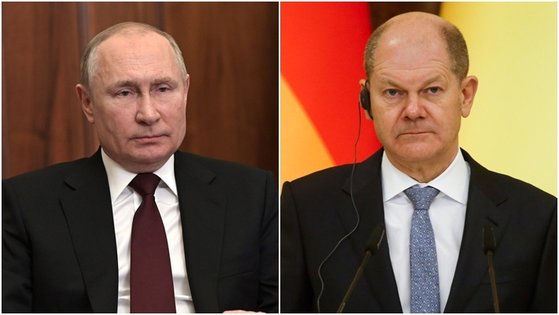블라디미르 푸틴 러시아 대통령(왼쪽)과 올라프 숄츠 독일 총리. 타스=연합뉴스