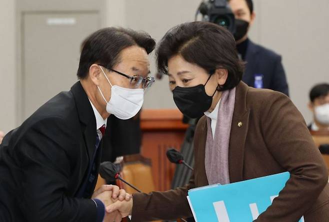 남인순 정개특위 위원장이 26일 오후 서울 여의도 국회에서 열린 정치개혁특위 전체회의에 참석하며 국민의힘 조해진 의원과 대화하고 있다. [이미지출처=연합뉴스]