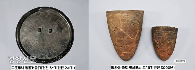 기원전 3~기원전 2세기 무렵 제작된 국보 고운무늬 청동거울(왼쪽). 3개의 구획 안에 중심이 같은 동심원들과 1만3000여개의 선(線)이 그려져 있다. 선의 간격은 0.3~0.34㎜, 원의 간격은 0.33~0.55㎜에 불과하다. 이 거울문양의 원조가 신석기시대 빗살무늬 토기라는 견해가 있다. |숭실대 박물관·국립중앙박물관 제공