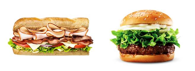 써브웨이와 롯데리아가 2월부터 가격을 올린다. 사진은 써브웨이 샌드위치(왼쪽)와 롯데리아 햄버거. /사진=각사 홈페이지