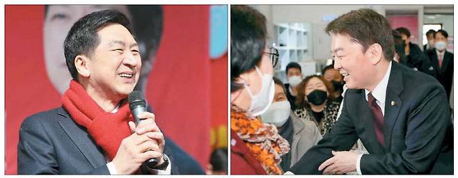 국민의힘 당권주자인 김기현 의원이 1일 대구 중구 서문시장에서 인사말을 하고 있다(왼쪽 사진). 안철수 의원이 대구 북을 당협에서 당원들과 악수하고 있다.  【연합뉴스】
