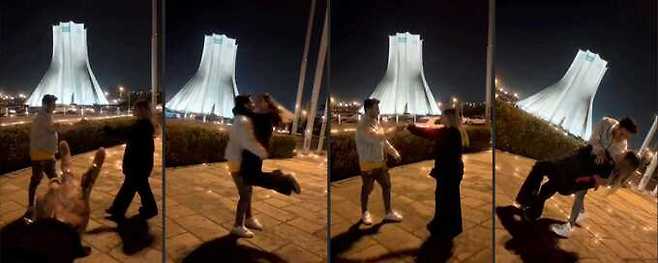 이란 수도 테헤란의 한 거리에서 춤추는 장면을 담은 영상을 SNS에 올린 아미르 모하마드 아마디(22)와 아스티야즈 하기기(21). AFP 연합뉴스