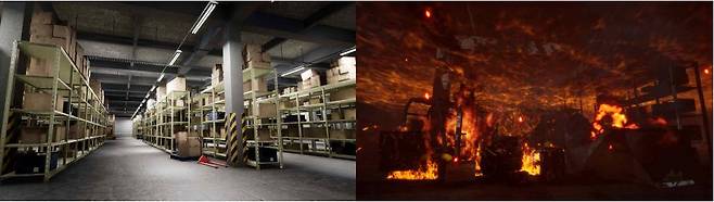 군포물류센터(좌)와 디지털 트윈으로 재현한 화재 발생 후 군포물류센터(우), 출처: 로커스